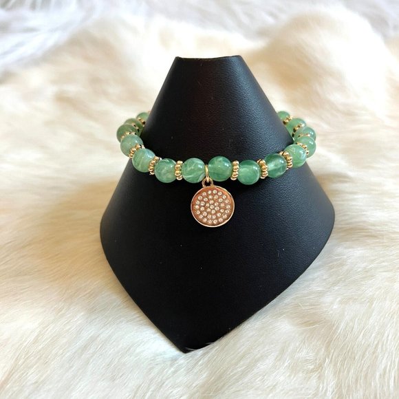 Jewelry - BOho Stretch Bracelet Green Swirl Semi Translucent Lucite Rhinestone Charm 13428